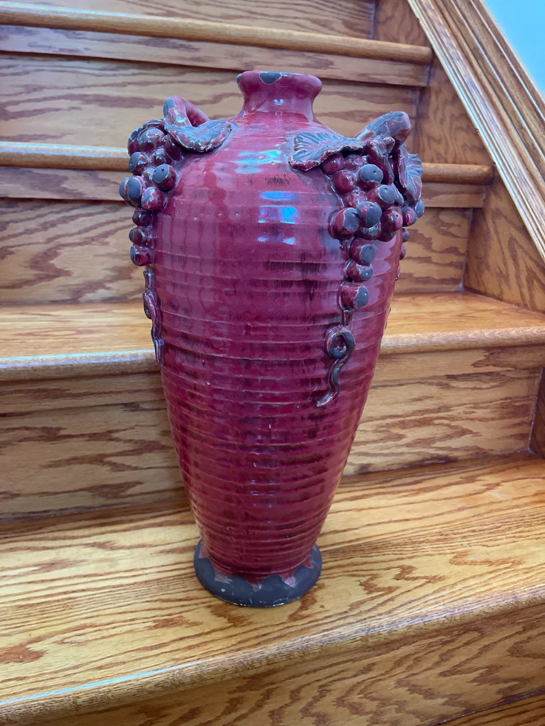Large Red Ceramic Vase with Grapevine Detail