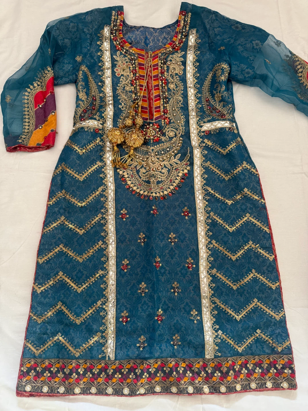 Teal Embroidered Kurti with Dupatta and Pants