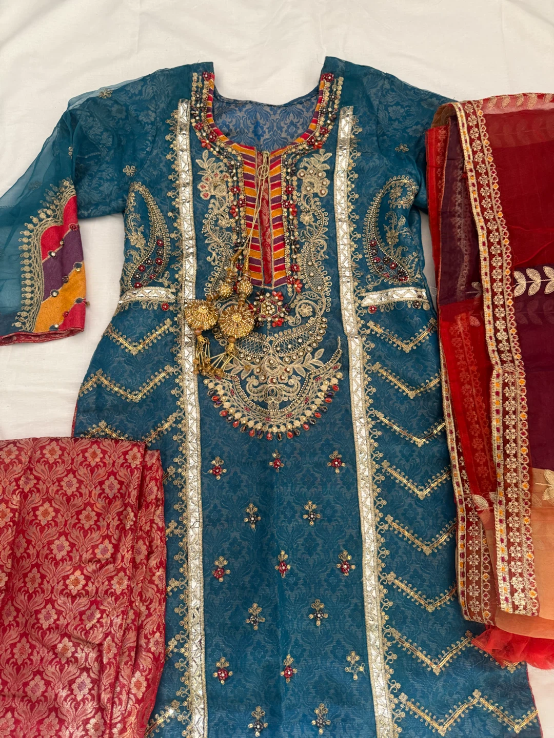 Teal Embroidered Kurti with Dupatta and Pants - photo 2