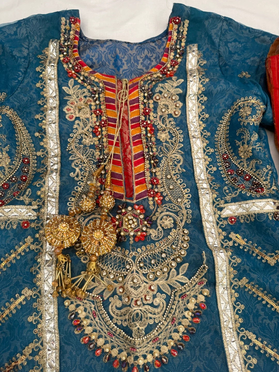 Teal Embroidered Kurti with Dupatta and Pants - photo 3