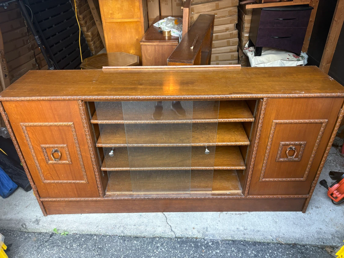 Free delivery used Vintage Wooden TV Stand with Glass Doors