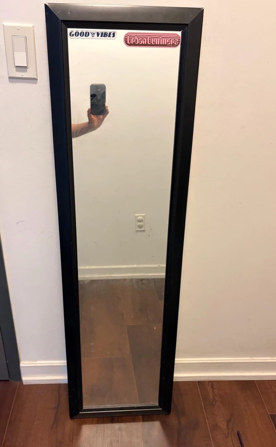 Black Full Length Mirror with "GOOD VIBES" Sticker