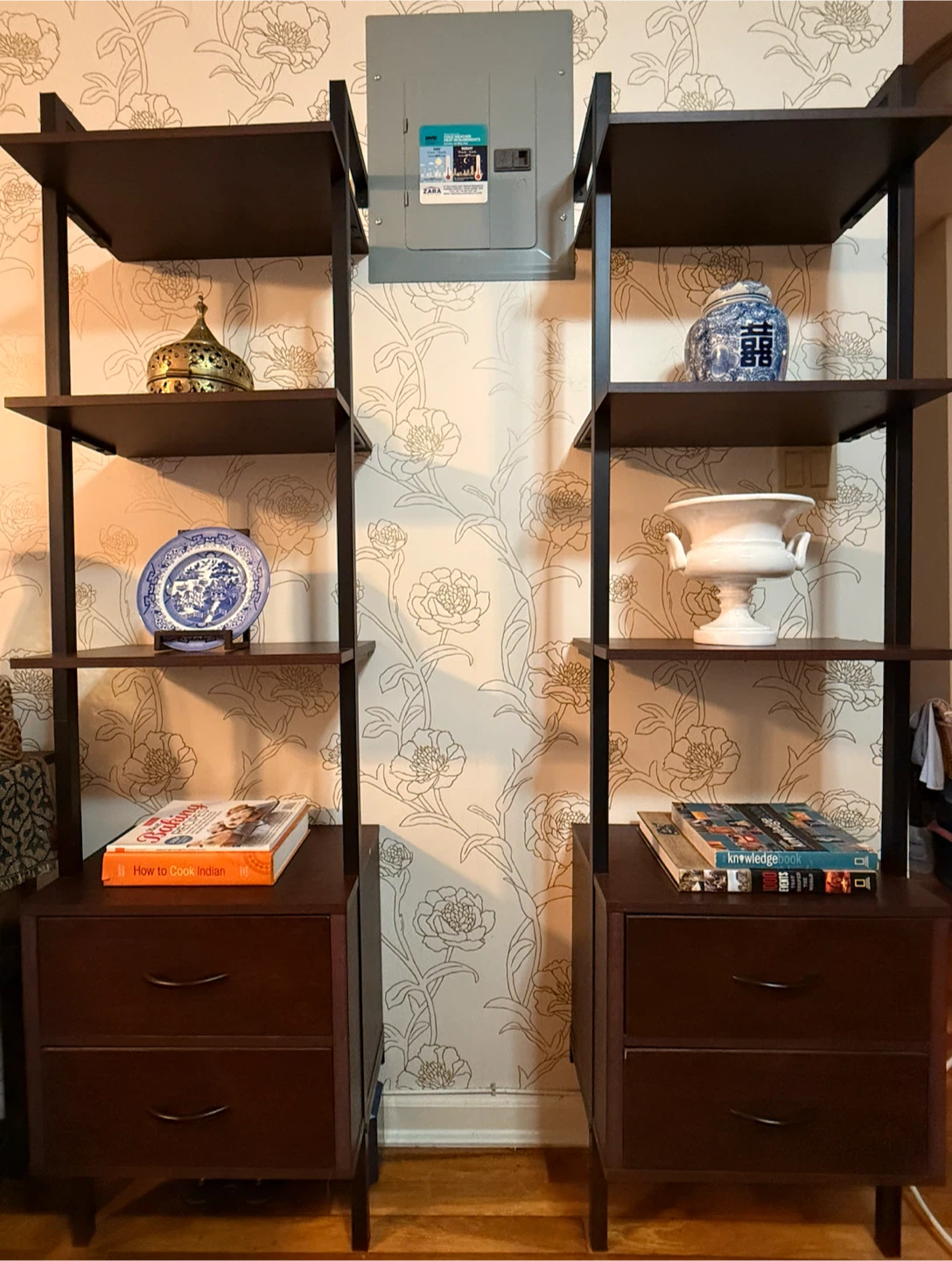 2 Dark Wood Ladder Bookshelves with Drawers