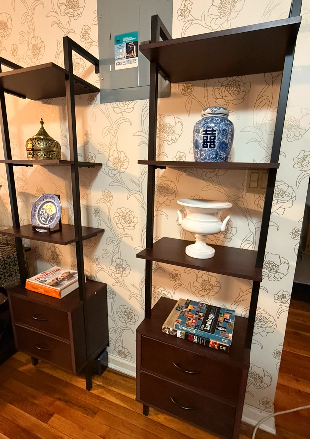 2 Dark Wood Ladder Bookshelves with Drawers - photo 2