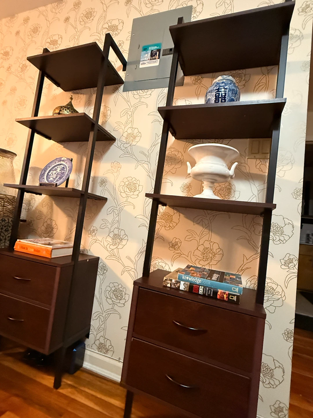 2 Dark Wood Ladder Bookshelves with Drawers - photo 3