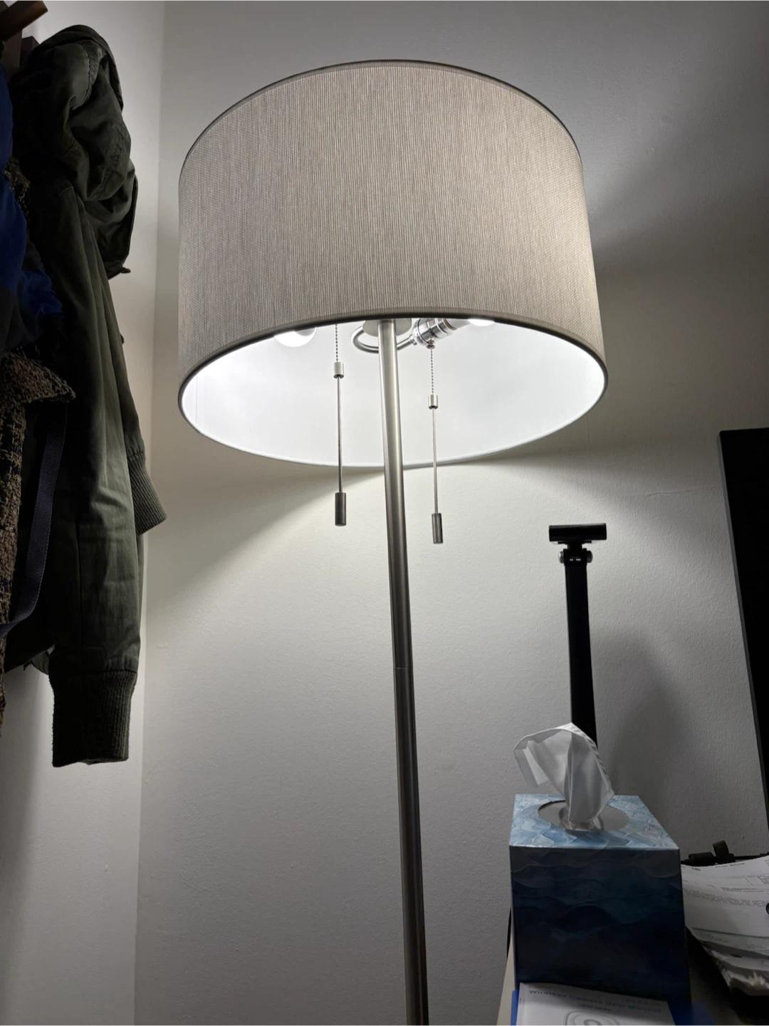 Brushed Nickel Floor Lamp – Dual Light with Fabric Drum Shade - photo 3