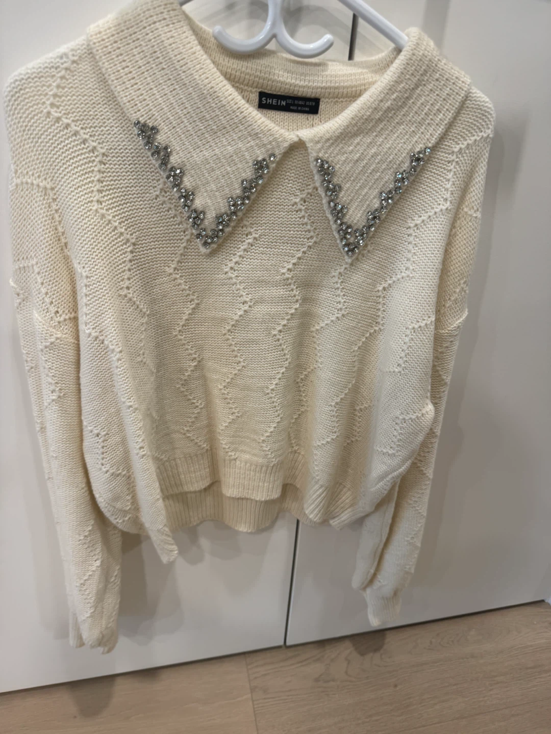 Cream Knit Sweater with Rhinestone Collar