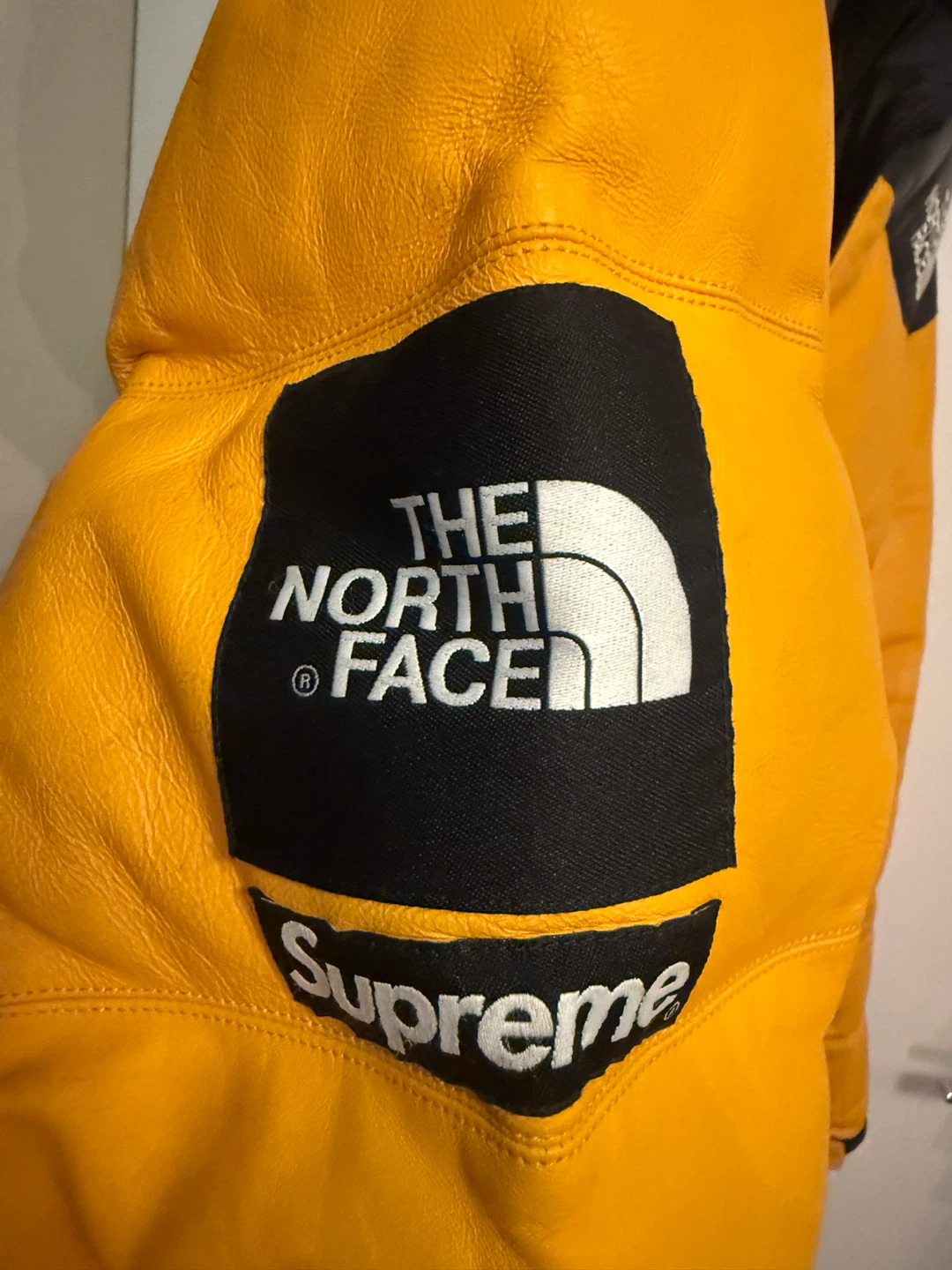 Supreme The North Face Leather Nuptse Jacket Yellow - photo 3