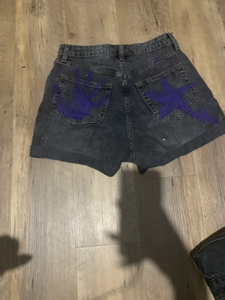 Black Denim Shorts with Purple Star Design