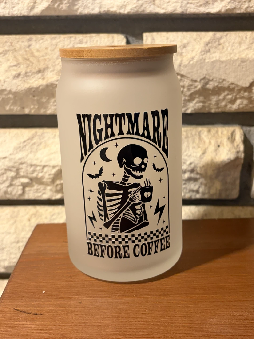 Frosted Glass Tumbler "Nightmare Before Coffee"