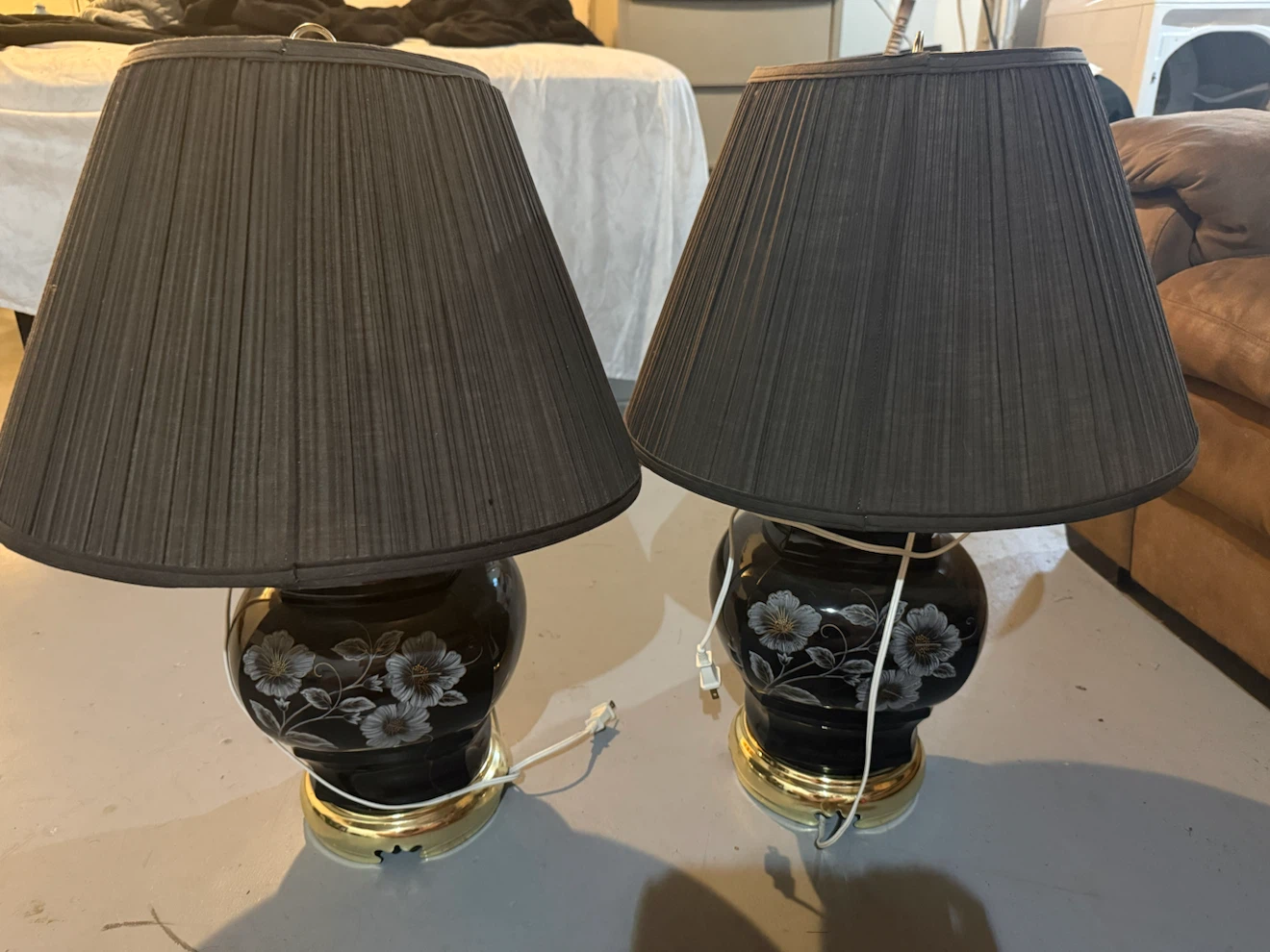 Set of 2 Black Ceramic Table Lamps with Floral Design