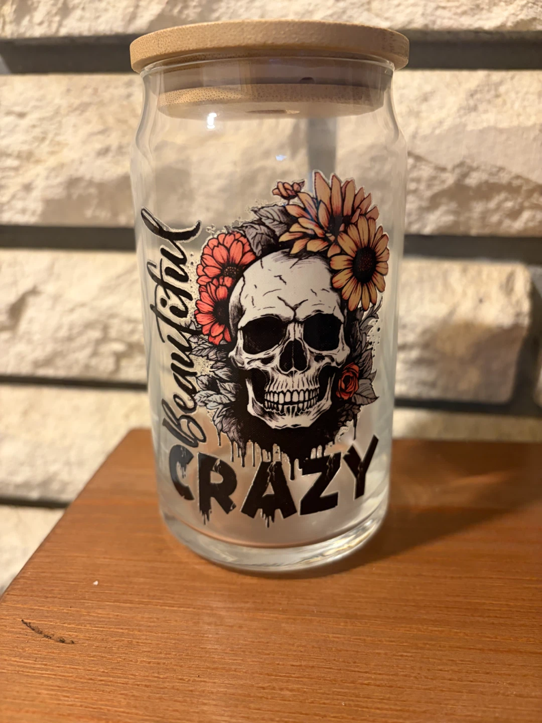 Glass Tumbler with Skull and Flowers Design
