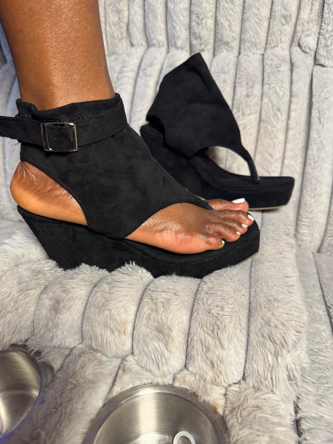 Black Suede Wedge Thong Sandals