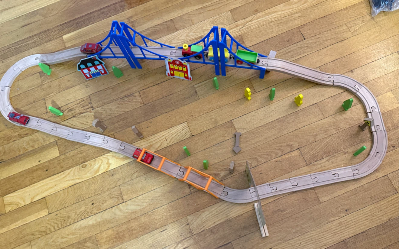 Wooden Train Set with Bridges and Accessories