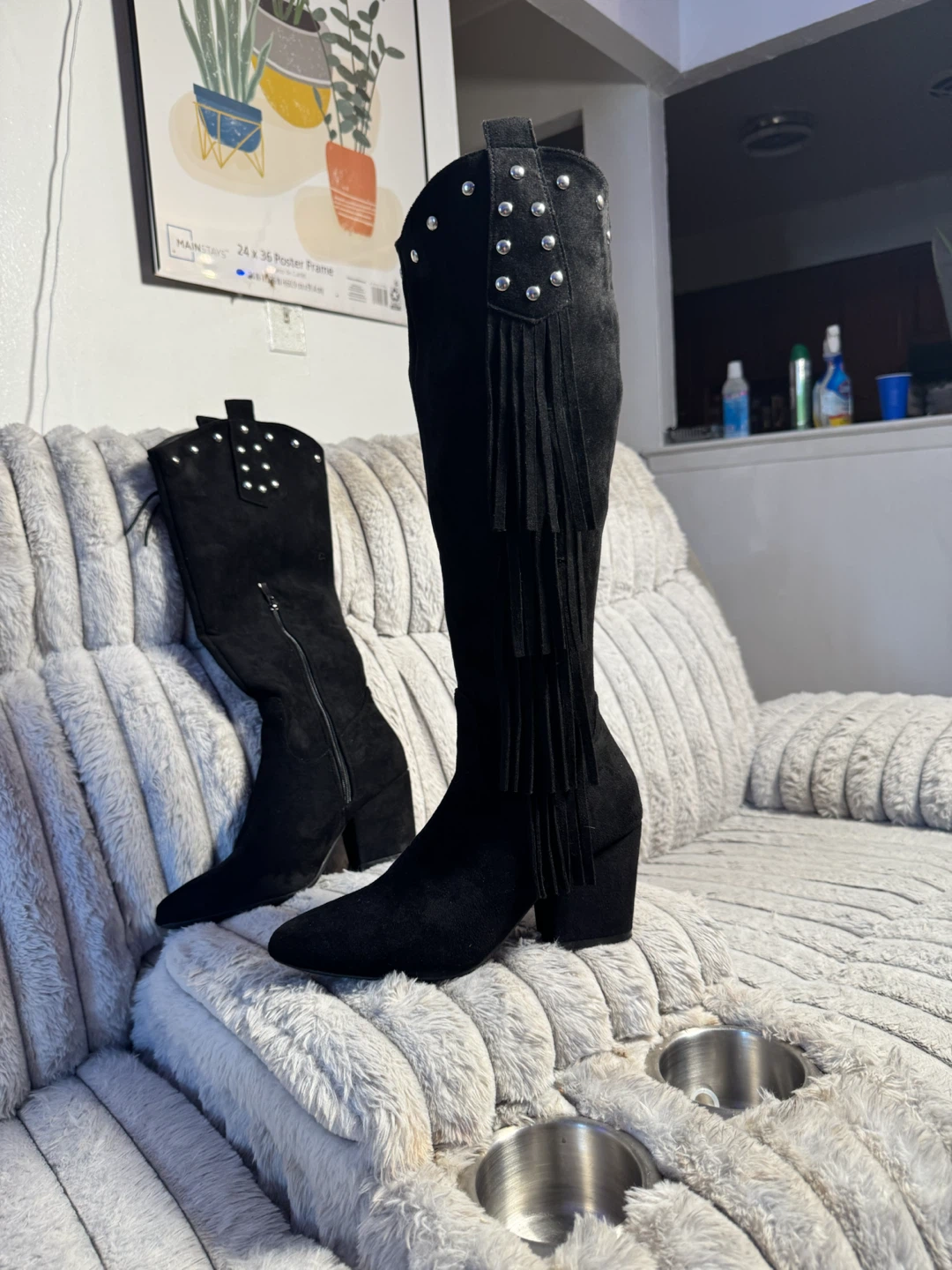 Black Suede Fringe Studded Knee-High Boots