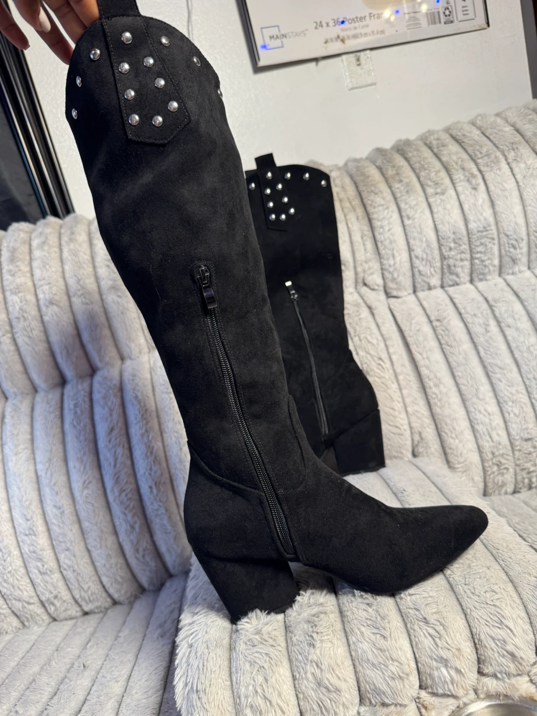 Black Suede Fringe Studded Knee-High Boots - photo 2