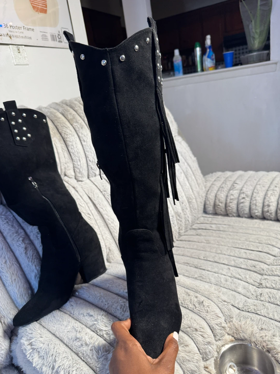 Black Suede Fringe Studded Knee-High Boots - photo 3