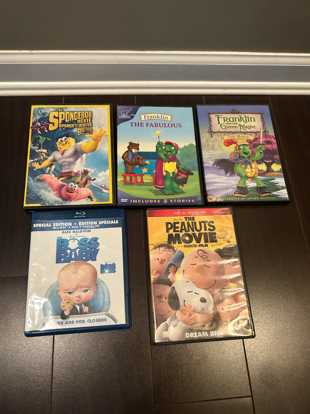 Lot of 5 Kids Movies: Spongebob, Franklin, Boss Baby, Peanuts