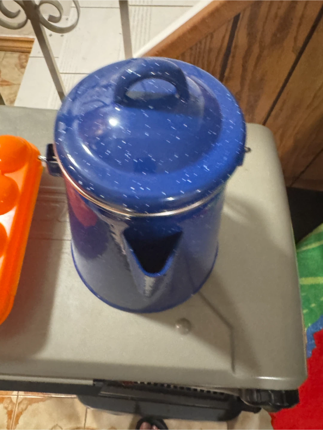 Blue Speckled Enamel Coffee Pot and Orange Egg Tray - photo 2