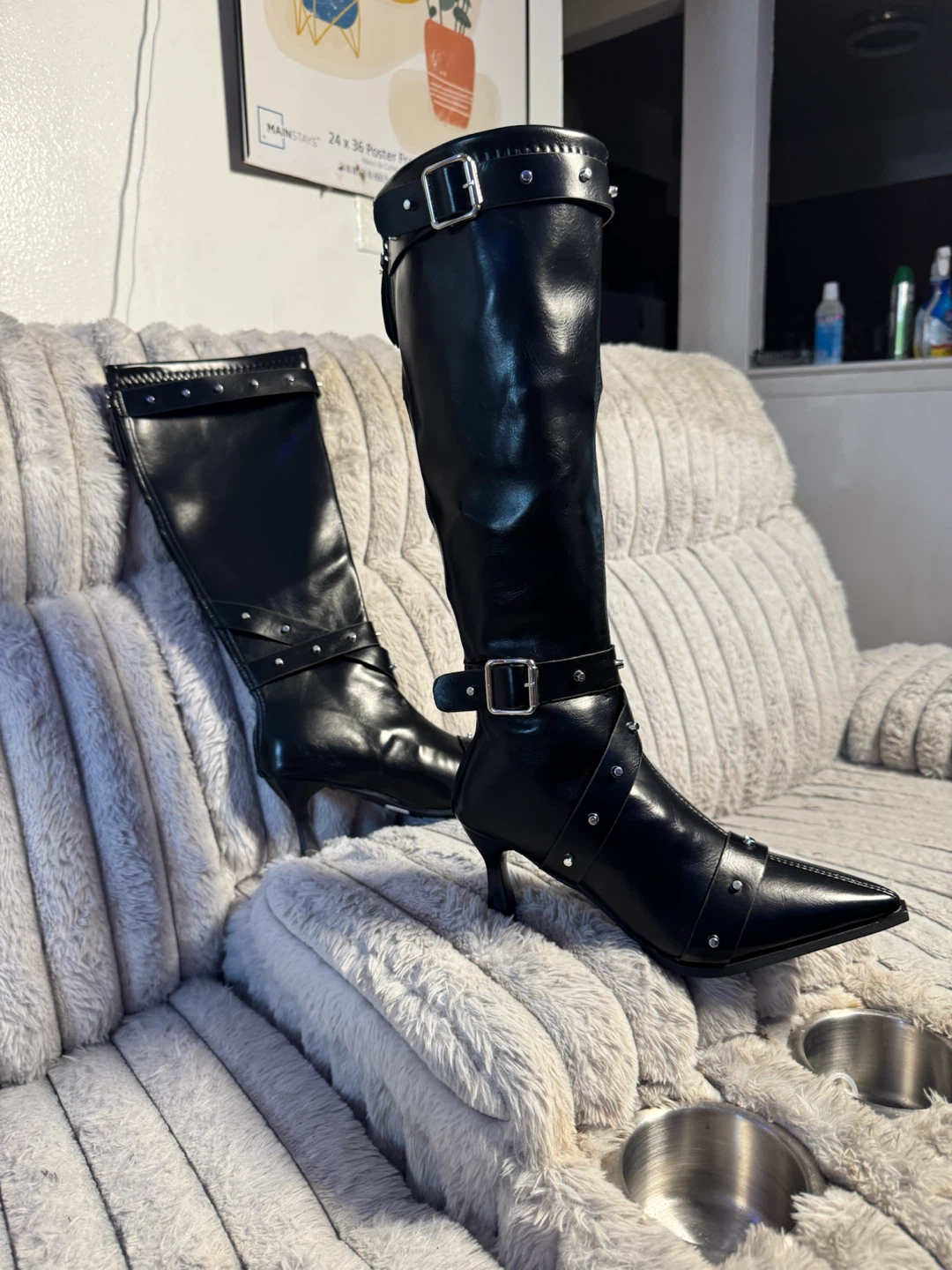 Black Faux Leather Knee-High Boots with Studs and Buckles