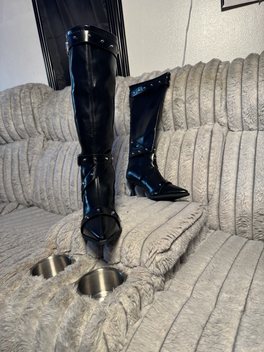 Black Faux Leather Knee-High Boots with Studs and Buckles - photo 2