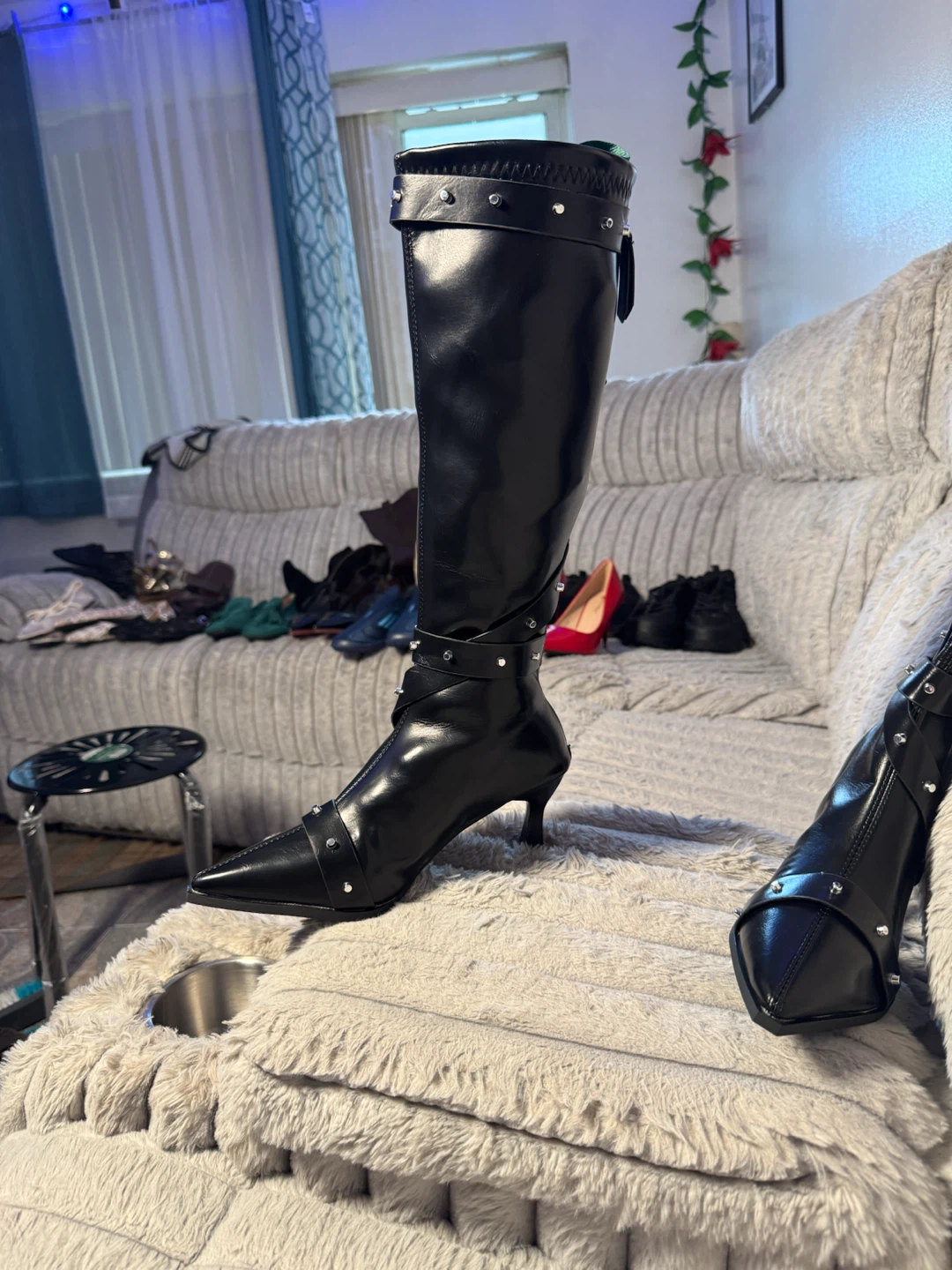 Black Faux Leather Knee-High Boots with Studs and Buckles - photo 3