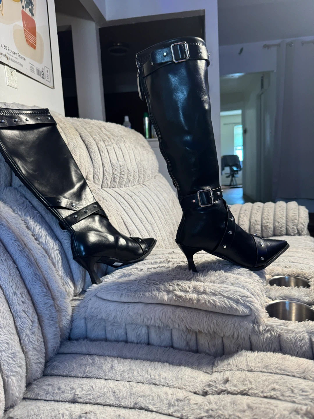 Black Faux Leather Knee-High Boots with Studs and Buckles - photo 4