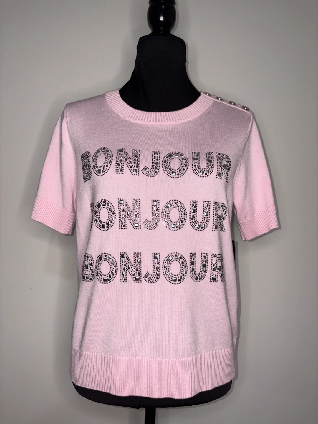 M - NEW w/TAG! Pink Bonjour Knit Top with Rhinestones