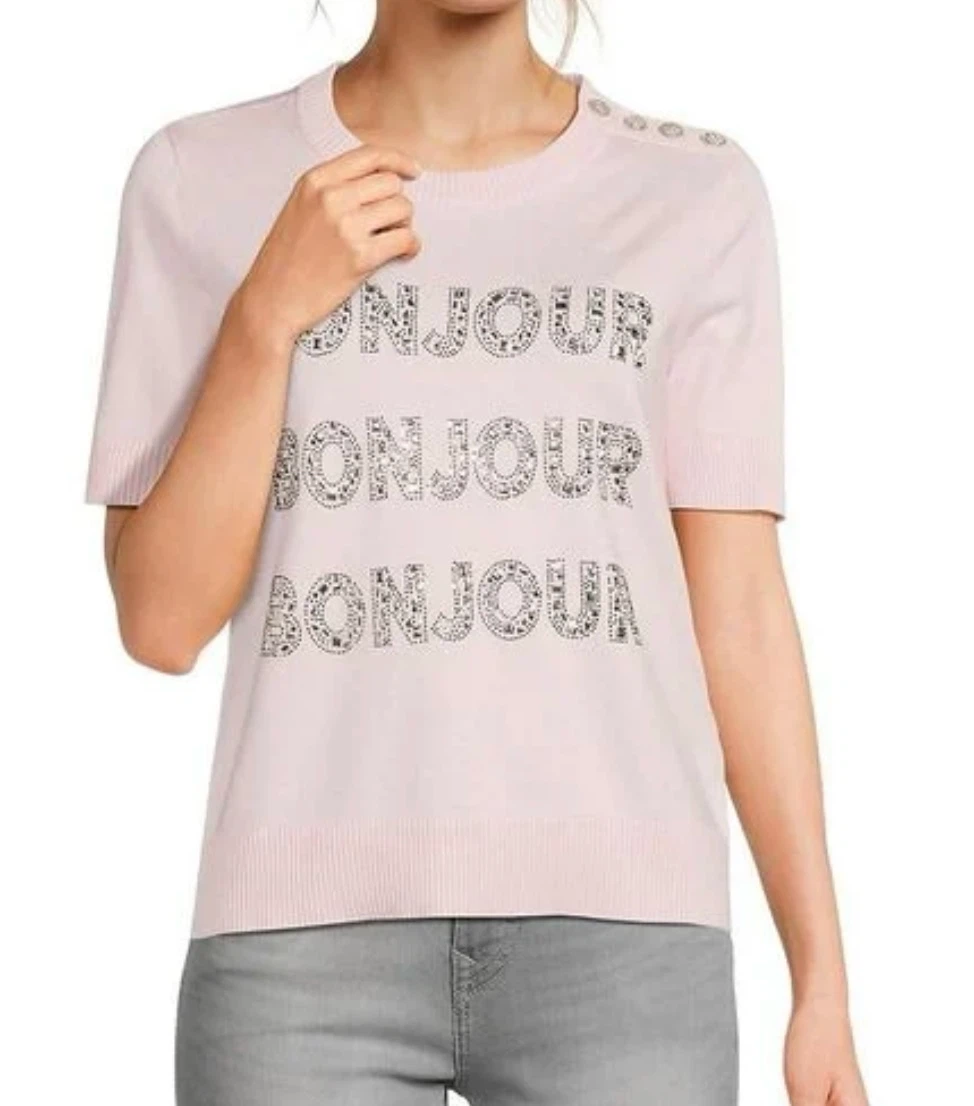 M - NEW w/TAG! Pink Bonjour Knit Top with Rhinestones - photo 2