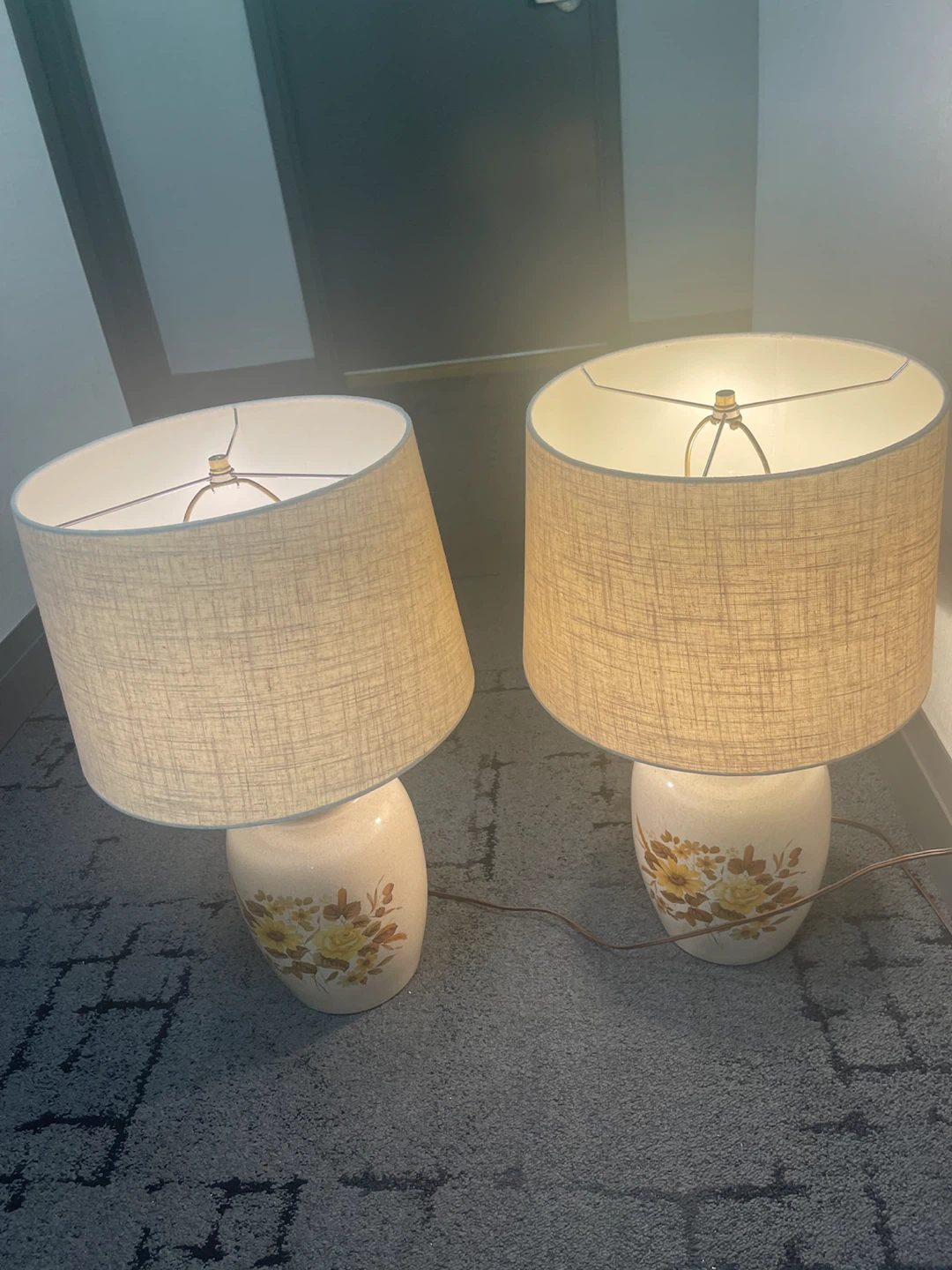 Pair of Vintage Ceramic Table Lamps with Floral Design