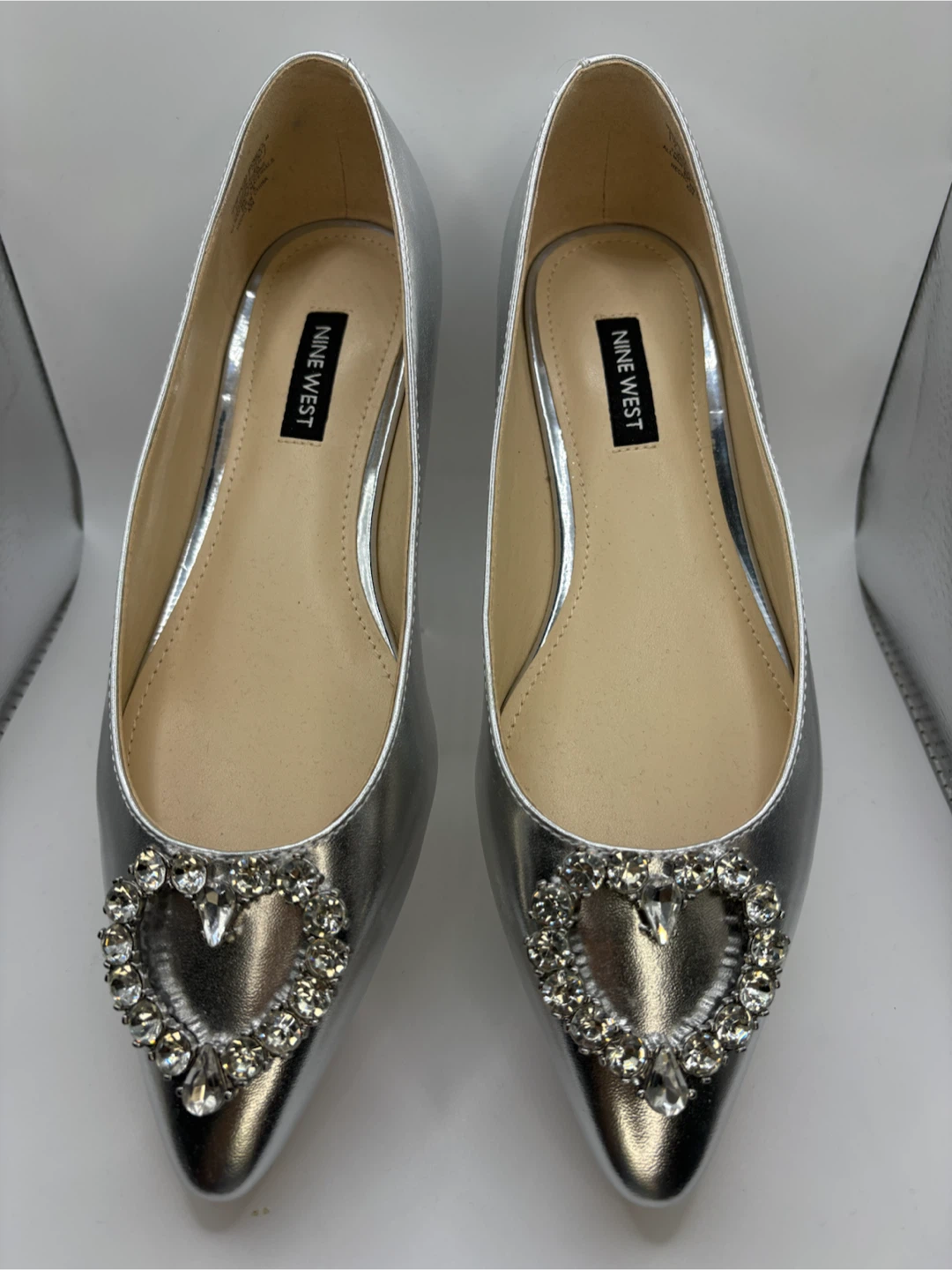 7 - Nine West Silver Ballet Flats with Heart Gem Embellishment