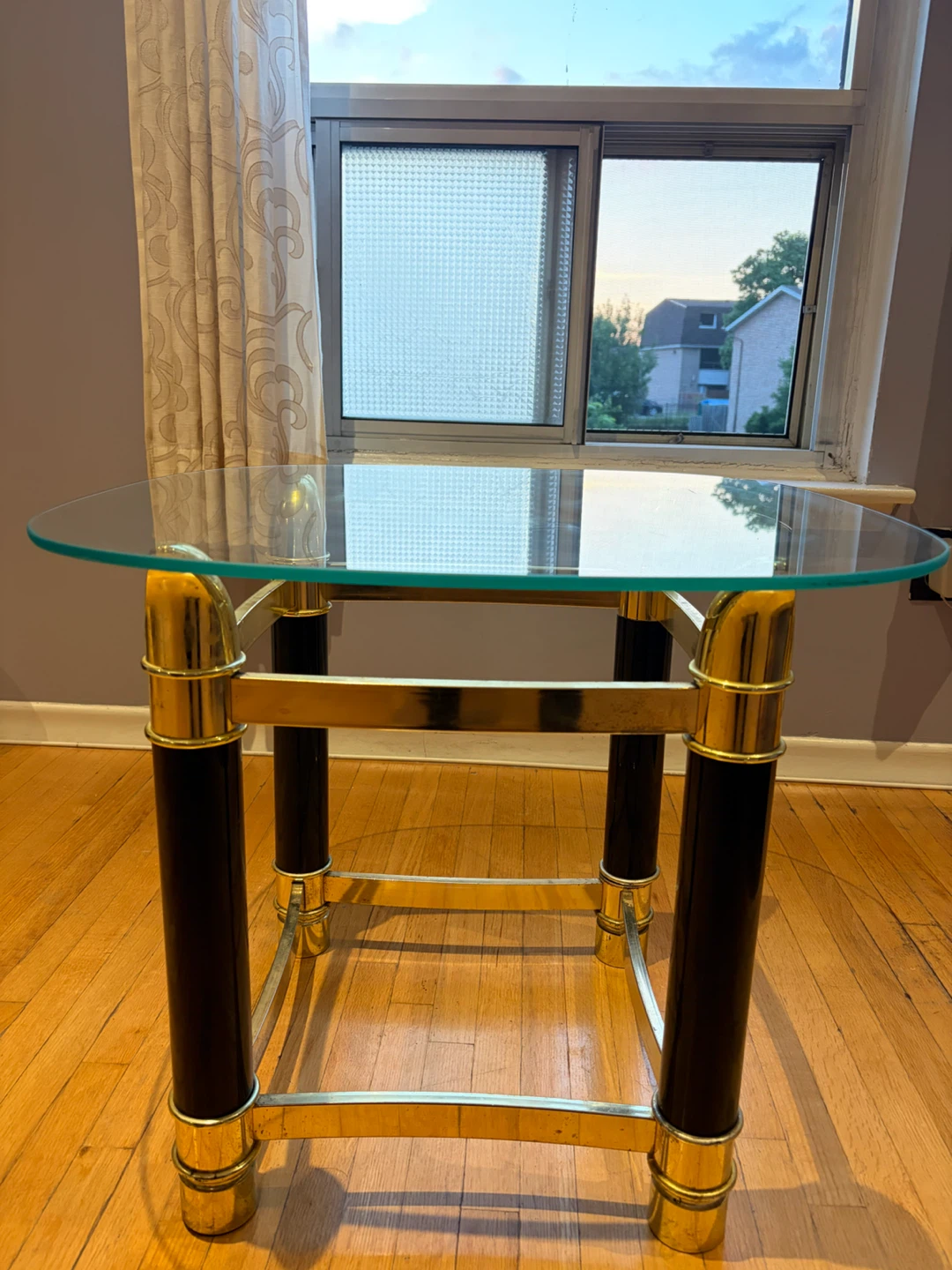 Glass Top Side Table with Gold and Black Accents