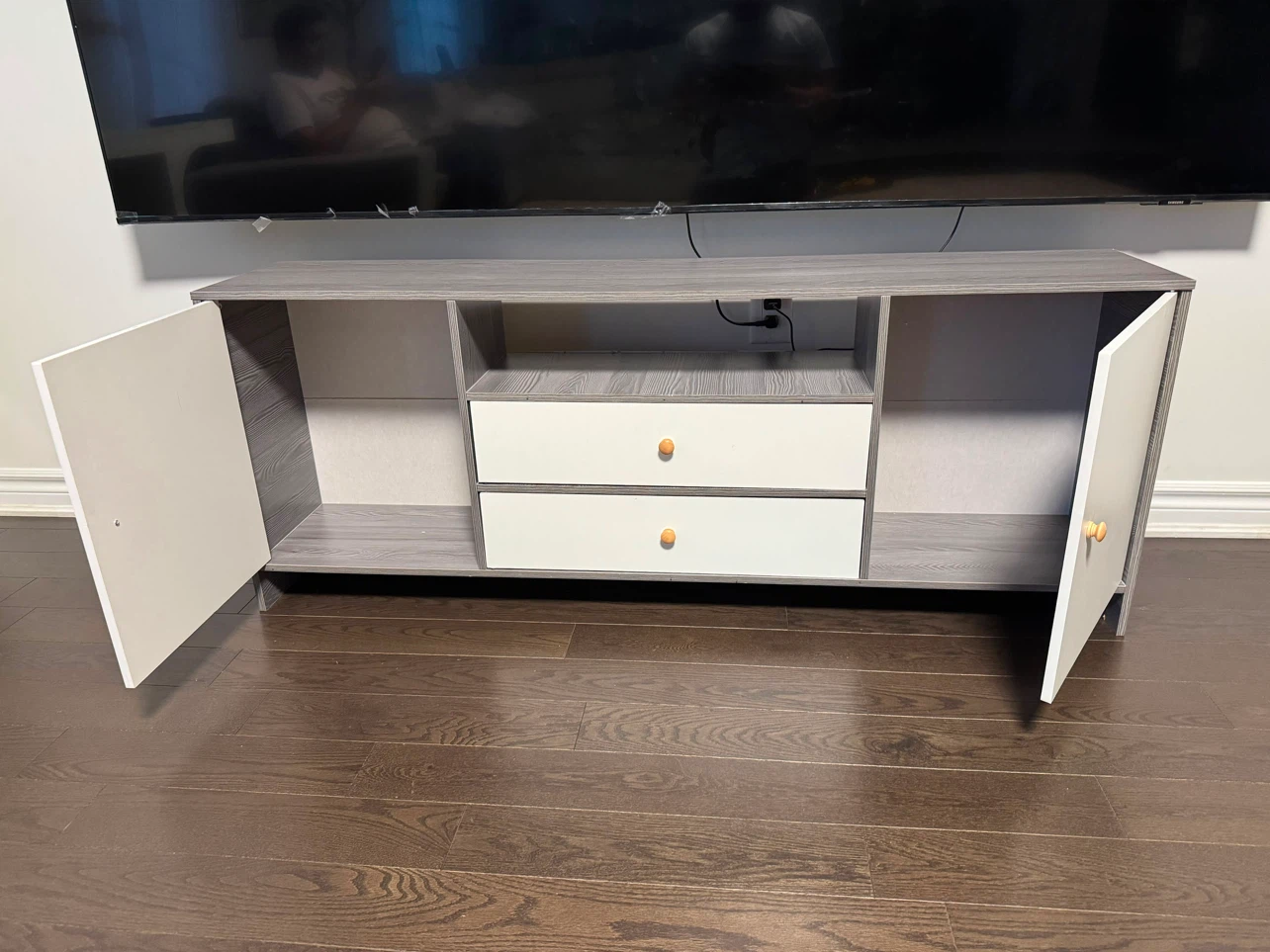 White and Grey TV Stand with Drawers and Doors
