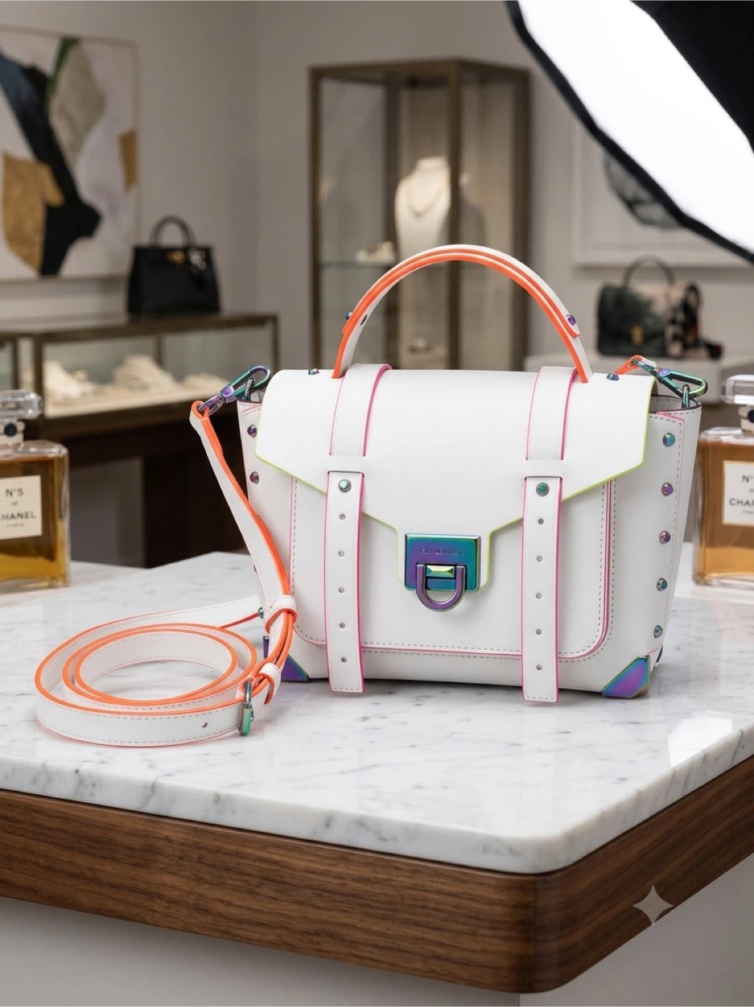 White Leather Crossbody Bag with Neon Trim