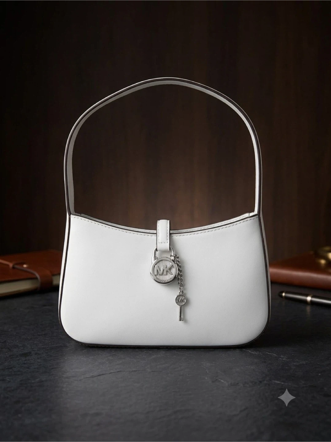 Michael Kors White Leather Handbag with Lock Charm