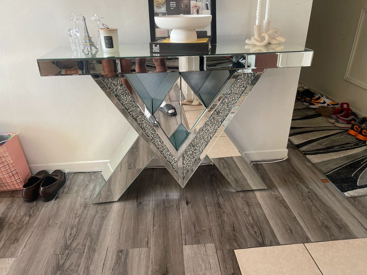 Mirrored Console Table with Crushed Diamond Accent