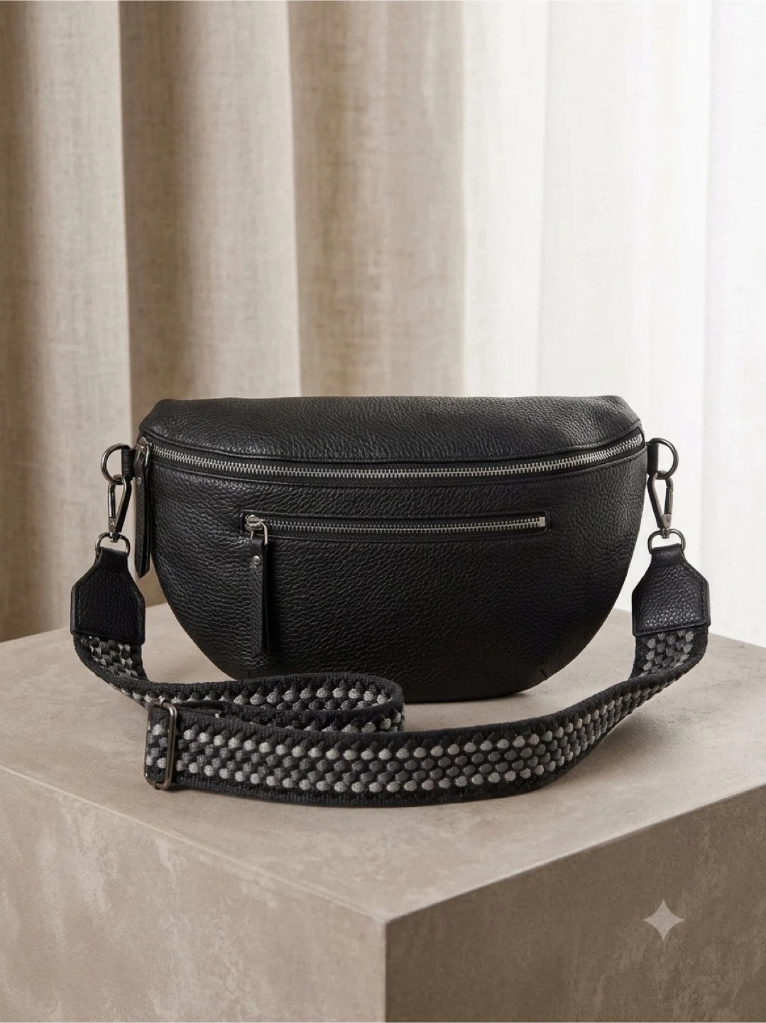 Black Leather Belt Bag with Patterned Strap