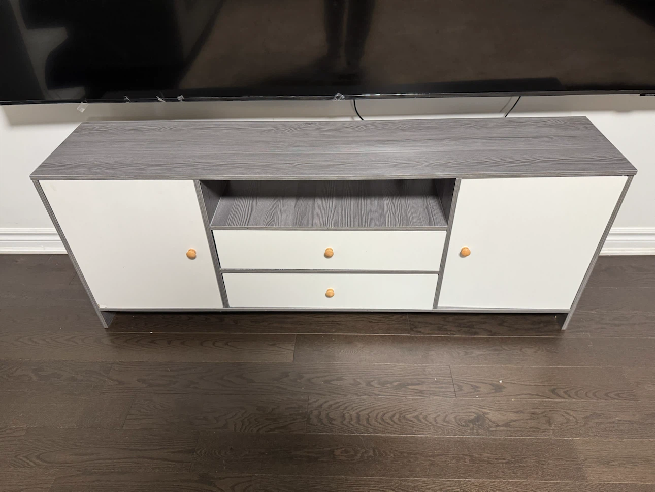 Grey and White TV Stand with 2 Drawers and 2 Doors
