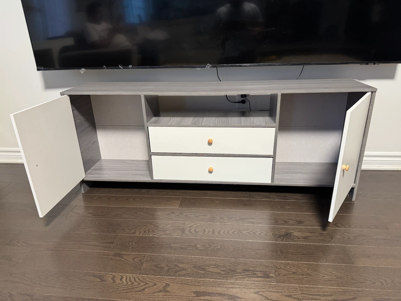 Grey and White TV Stand with 2 Drawers and 2 Doors - photo 2