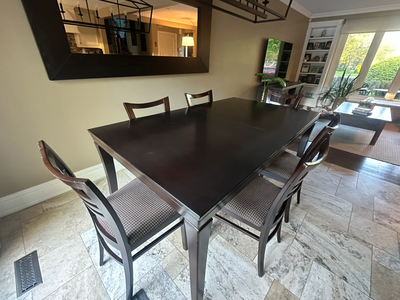 Dining Table + 6 Chairs – Expandable Dark Wood Dining Set