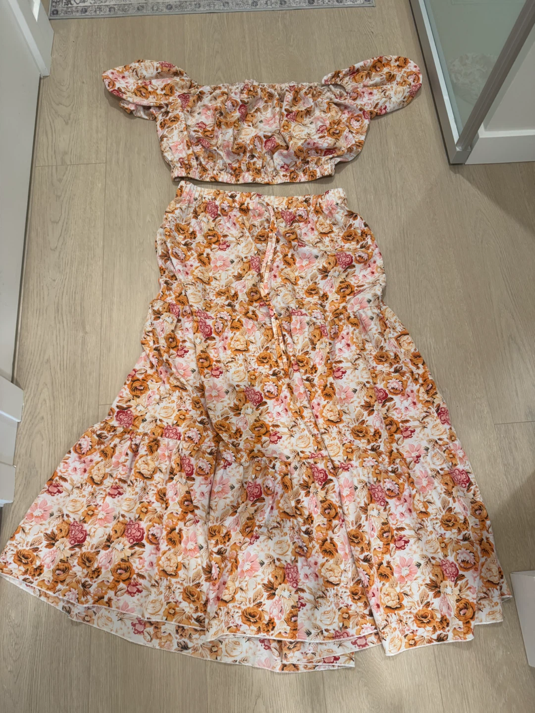 Floral Print Two-Piece Set - Off-the-Shoulder Top & Maxi Skirt