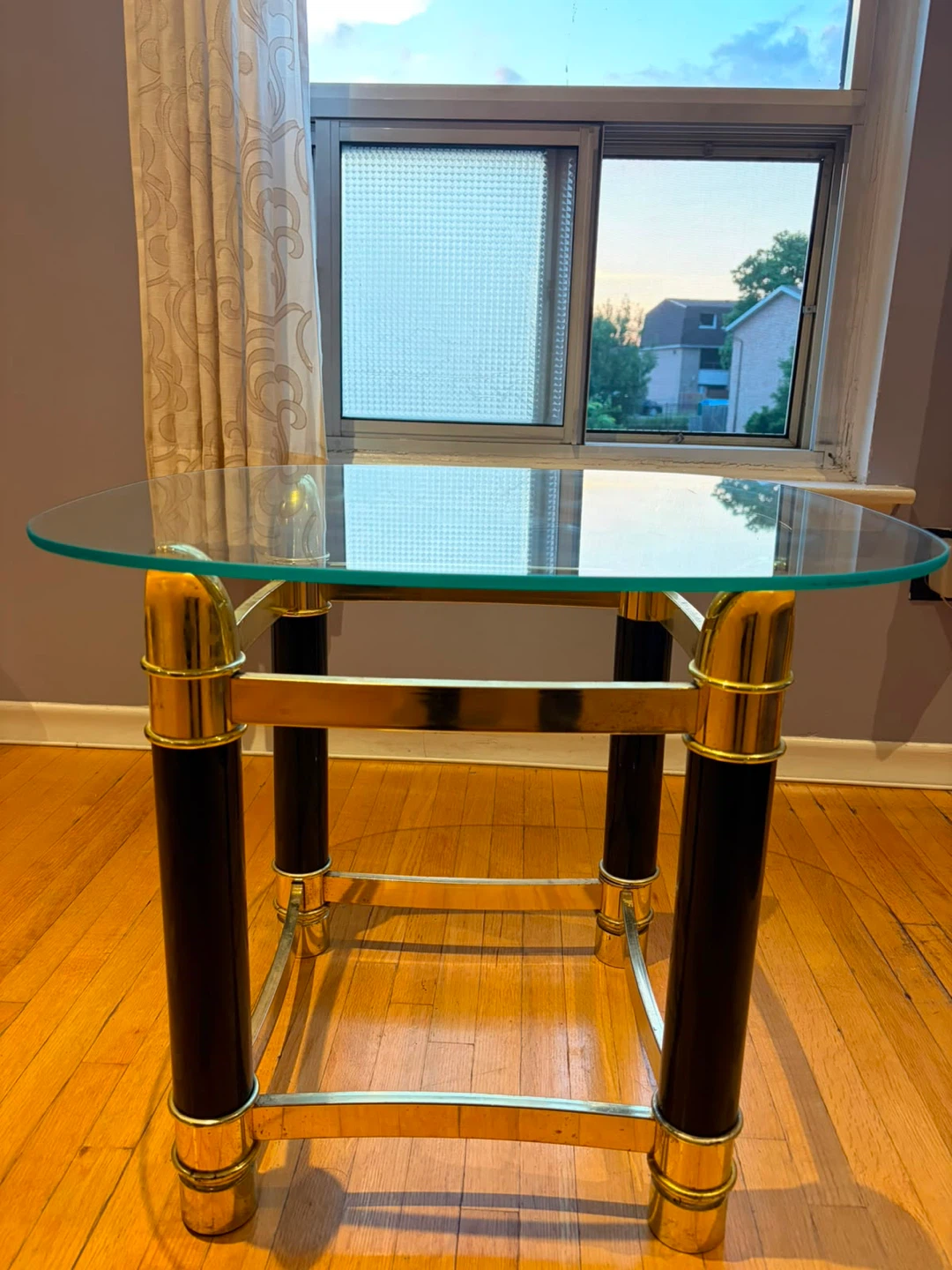 Glass Top Side Table with Brass and Black Accents