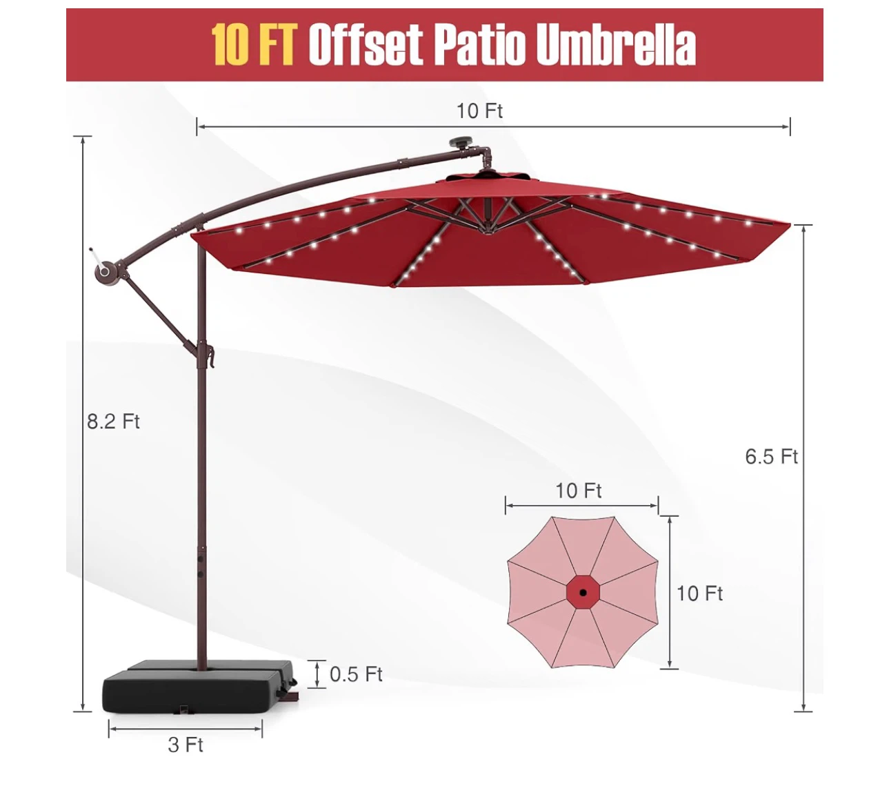 10 FT Offset Patio Umbrella with Lights