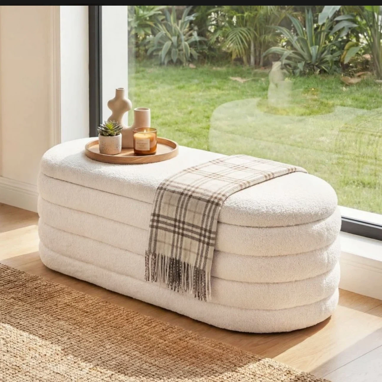 Cream Upholstered Storage Bench with Legs
