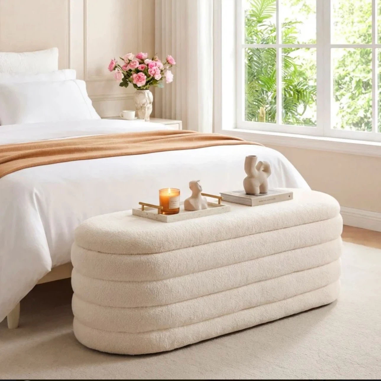 Cream Upholstered Storage Bench with Legs - photo 4