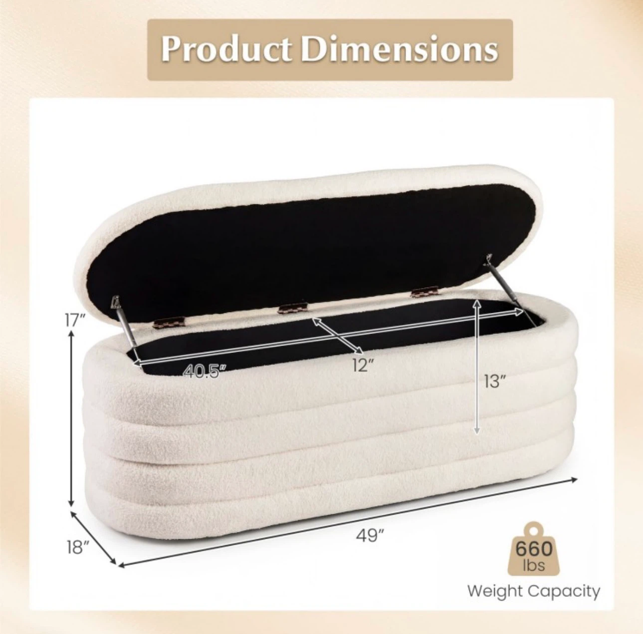 Cream Upholstered Storage Bench with Legs - photo 5