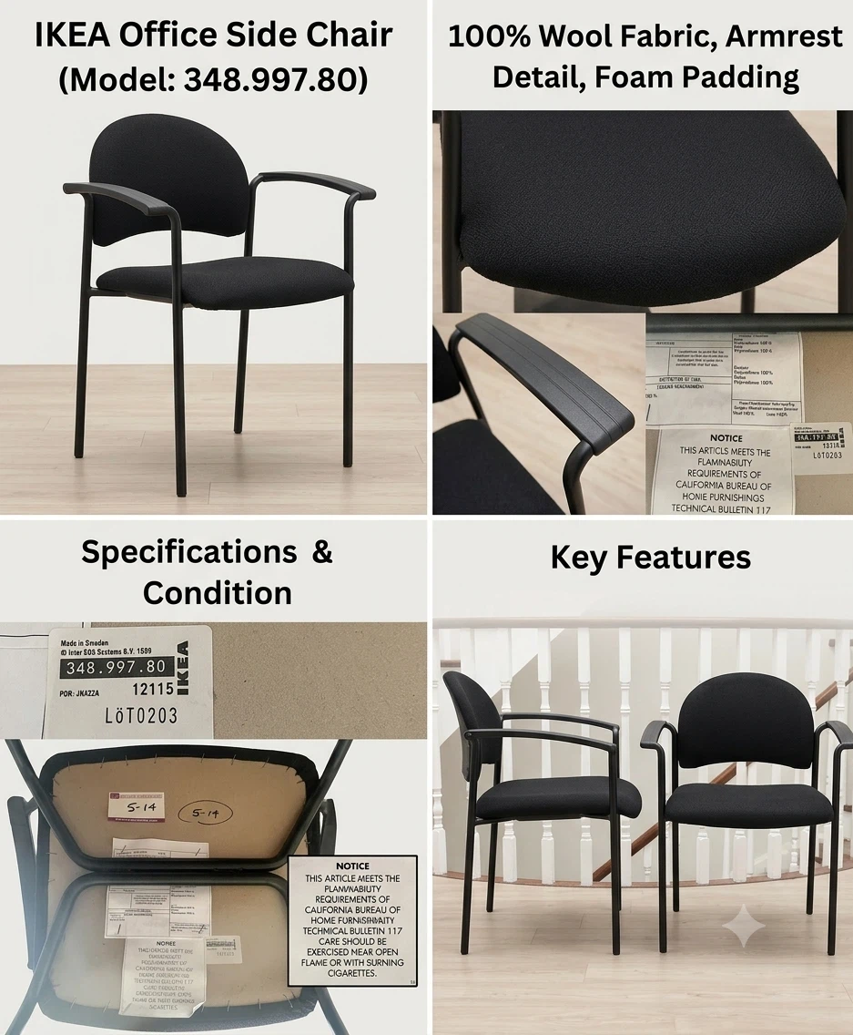 Pair of IKEA Office Guest Chairs – Black 100% Wool Fabric