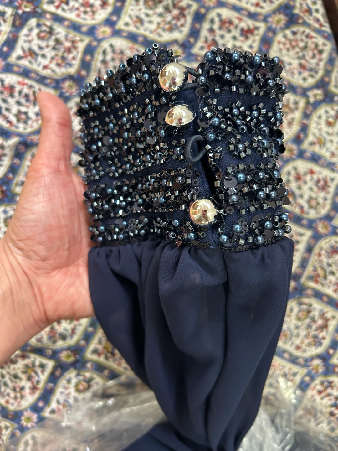Navy Beaded V-Neck Evening Gown - photo 5