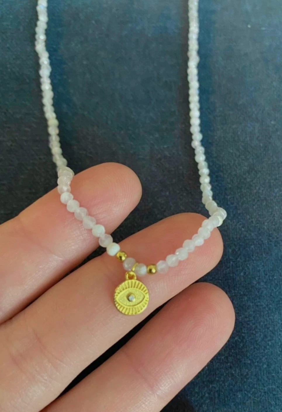 NWT Genuine Moonstone Necklace with Gold Plated Evil-Eye Pendant - photo 2