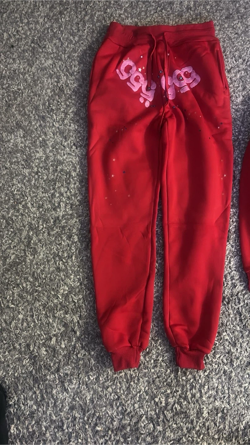 Red "555" Spiderweb Hoodie and Sweatpants Set - photo 2